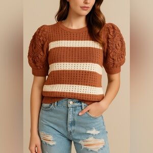 Böhme Puff Sleeve‎ Crochet Knit Sweater – Size Large
